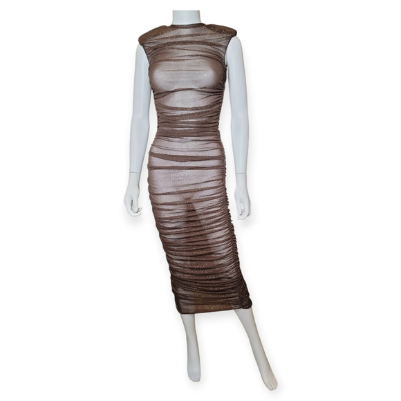$550 NWT BRONX & BANCO Maya Brown Mesh Glitter Ruched Dress Small - Picture 4 of 7